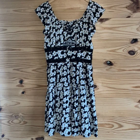 angie black dress Angie Flocked Velvet Pearl Mesh Mini Dress in Black | Size: S | Stretchy Fabric